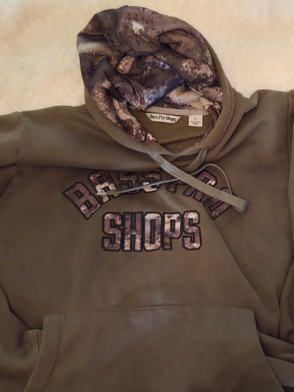 Lg Bass Pro Shops Ladies Olive Green Crewneck Hoodie with Camo Lined Hood